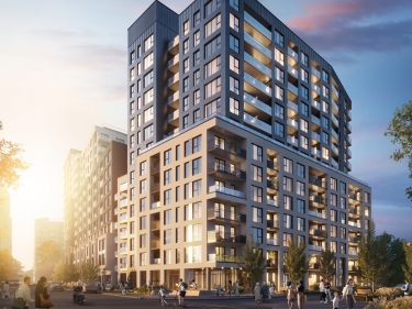 Louis Condominiums - Condos neufs dans le Quartier des lumires (Montral) avec units modles en occupation en construction avec stationnement extrieur prs du mtro prs d'une gare